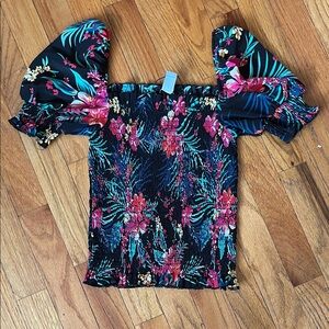 Revamped Floral Off-Shoulder Smocked Crop Top - Black, Pink, Teal